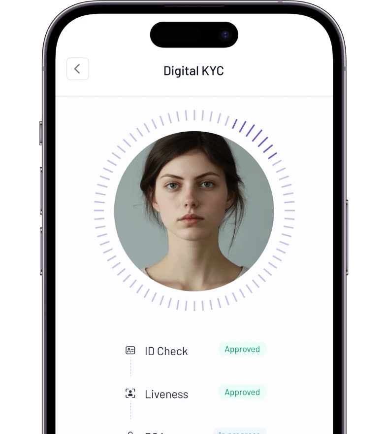 Digital KYC interface showing live face authentication with liveness check, ID document scan verification, and selfie match confirmation